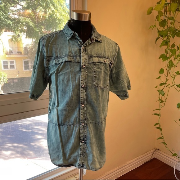Kavu Shirts Mens Kavu Button Snap Short Sleeve Denim Shirt In Small
